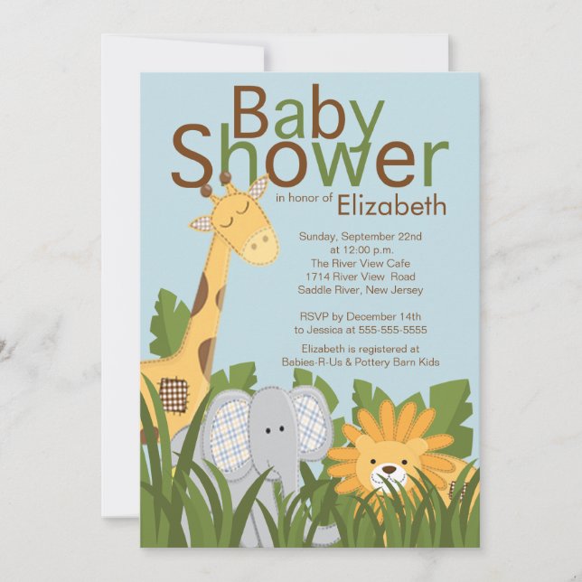 Invitation Baby shower neutre des animaux de Jungle Safari (Devant)