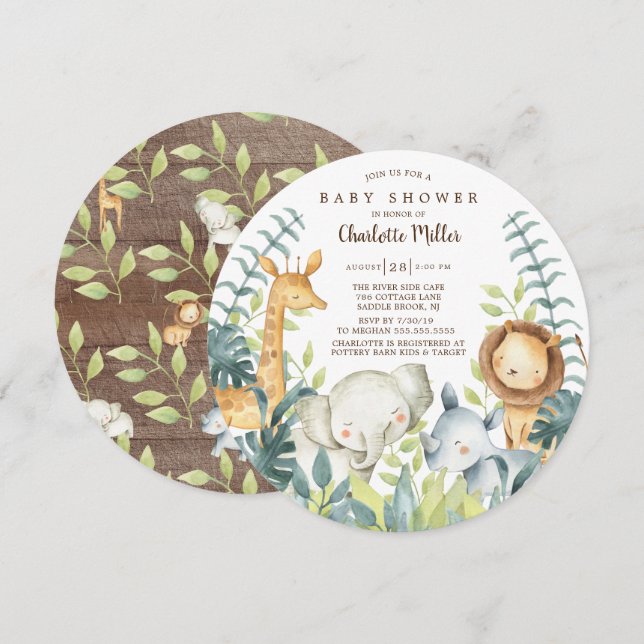 Invitation Baby shower Neutre des animaux de la jungle (Devant / Derrière)