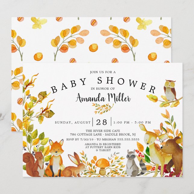 Invitation Baby shower Neutre des animaux forestiers (Devant / Derrière)