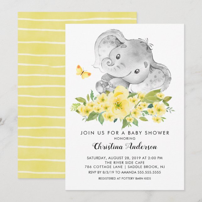 Invitation Baby shower neutre doux bébé éléphant (Devant / Derrière)