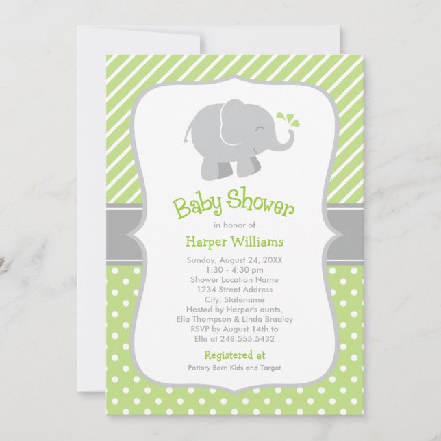 Invitation Baby shower neutre éléphant vert moderne (Devant)
