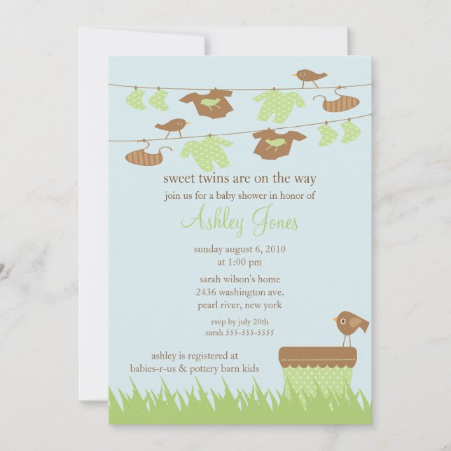 Invitation Baby shower neutre entre les sexes dans les jumeau (Devant)
