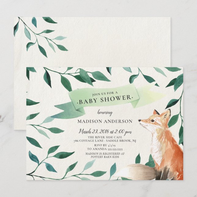 Invitation Baby shower Neutre Fox Woodland (Devant / Derrière)