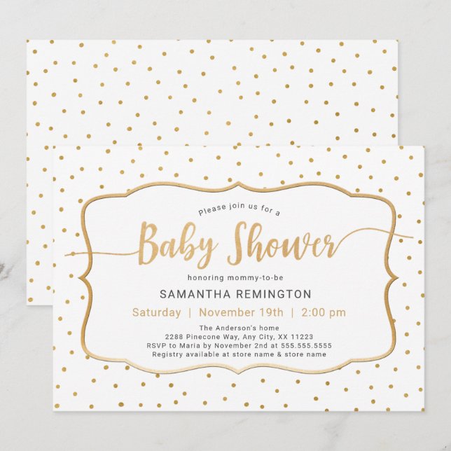 Invitation Baby shower Neutre Genre Blanc Or Point Or (Devant / Derrière)