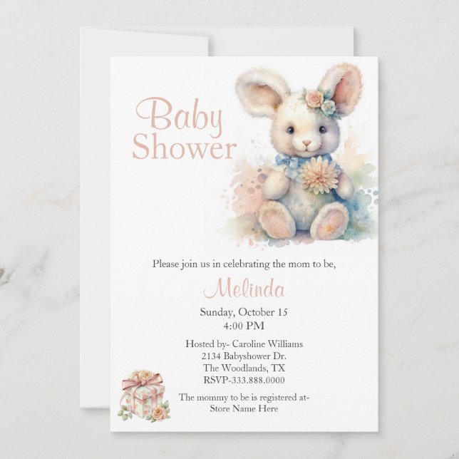 Invitation Baby shower neutre genre lapin fourré (Devant)