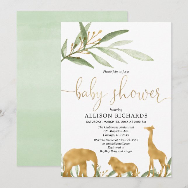 Invitation baby shower neutre genre, safari en or (Devant / Derrière)