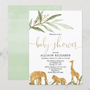 Invitation baby shower neutre genre, safari en or