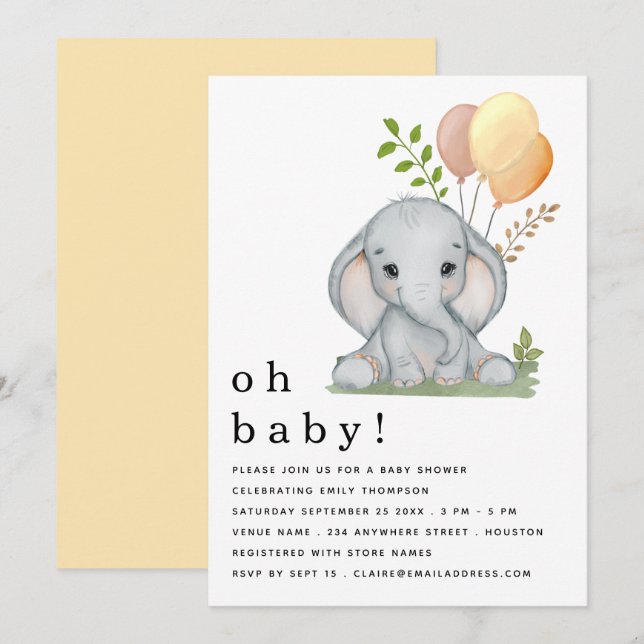 Invitation Baby shower neutre homme éléphant (Devant / Derrière)