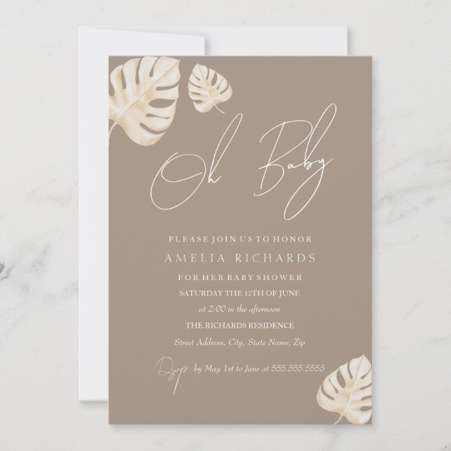 Invitation Baby shower Neutre Oh Baby Boho Leaf (Devant)