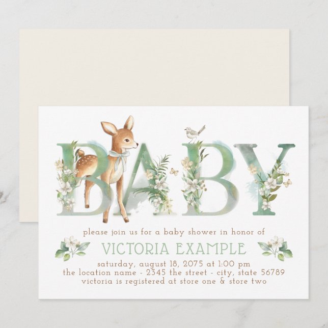 Invitation Baby shower neutre pour les cerfs de bois (Devant / Derrière)