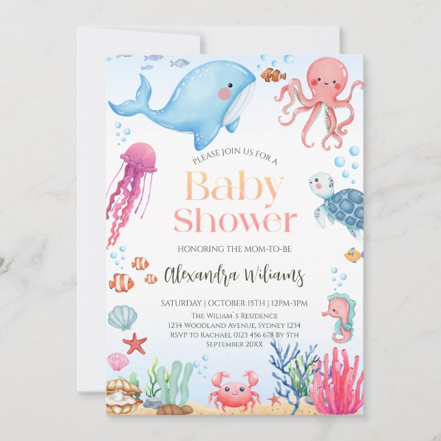 Invitation Baby shower neutre pour les femmes dans l'océan (Devant)