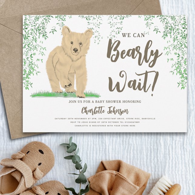 Invitation Baby shower neutre pour l'ours des bois (Woodland bear we can bearly wait gender neutral baby shower invitation)