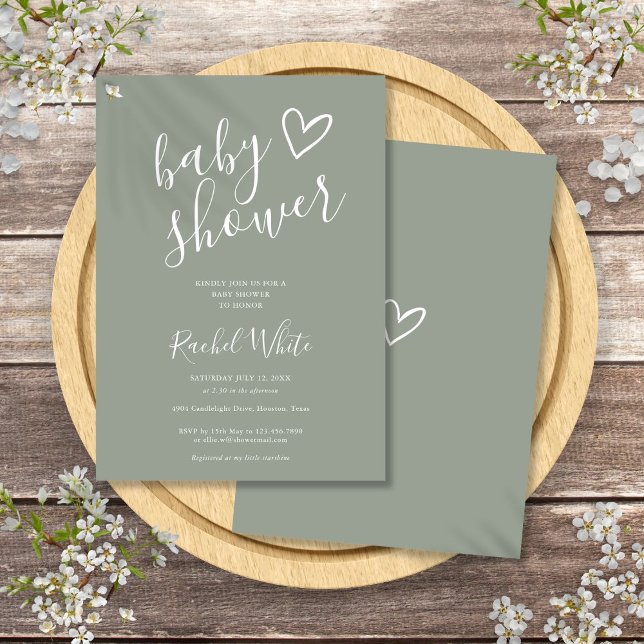 Invitation Baby shower neutre Sage Green (Sage Green Gender Neutral Baby Shower Invitation)