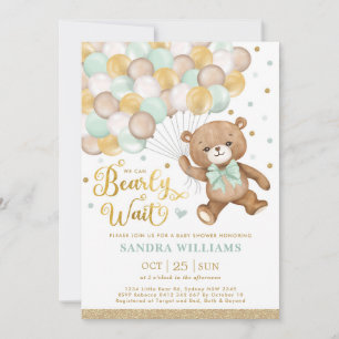 Invitation Baby shower neutre Sage Green Gold Teddy Bear