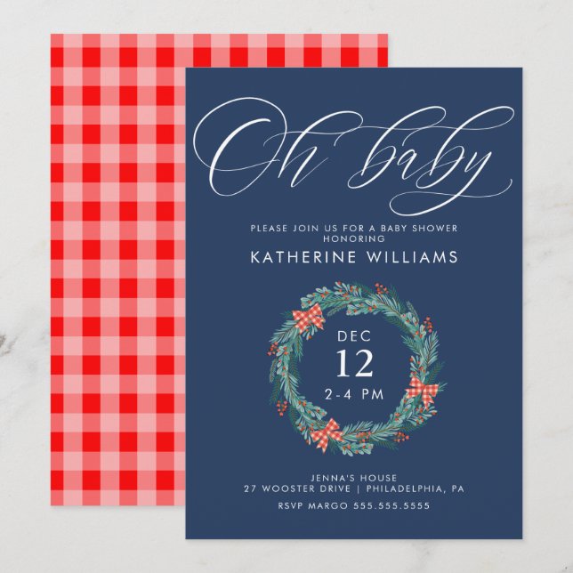 Invitation Baby shower | Noël En vichy Wreath (Devant / Derrière)