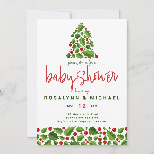 Invitation Baby shower | Noël Holiday Holly Floral (Devant)