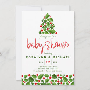 Invitation Baby shower   Noël Holiday Holly Floral