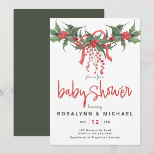 Invitation Baby shower   Noël Holiday Holly Floral Invit