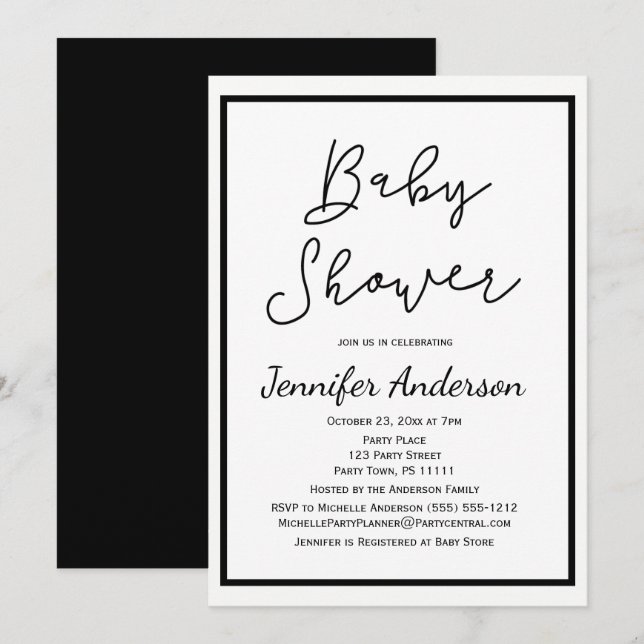Invitation Baby shower noir blanc neutre pour un sexe simple (Devant / Derrière)