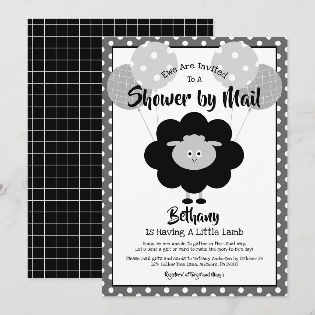 Invitation Baby shower noir blanc par Mail Lamb Chic Moderne (Devant / Derrière)