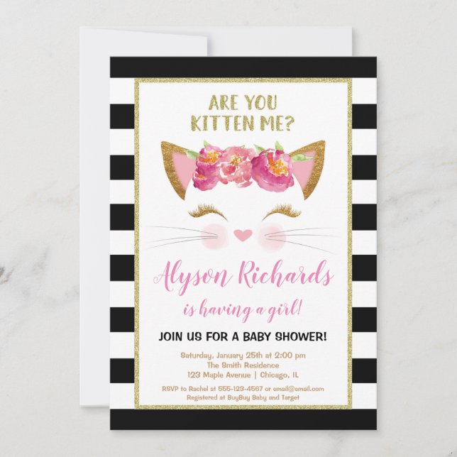 Invitation Baby shower noir de fille de chat de minou de (Devant)