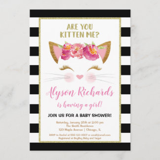 Invitation Baby shower noir de fille de chat de minou de