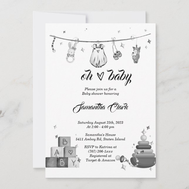 Invitation Baby shower noir et blanc (Devant)