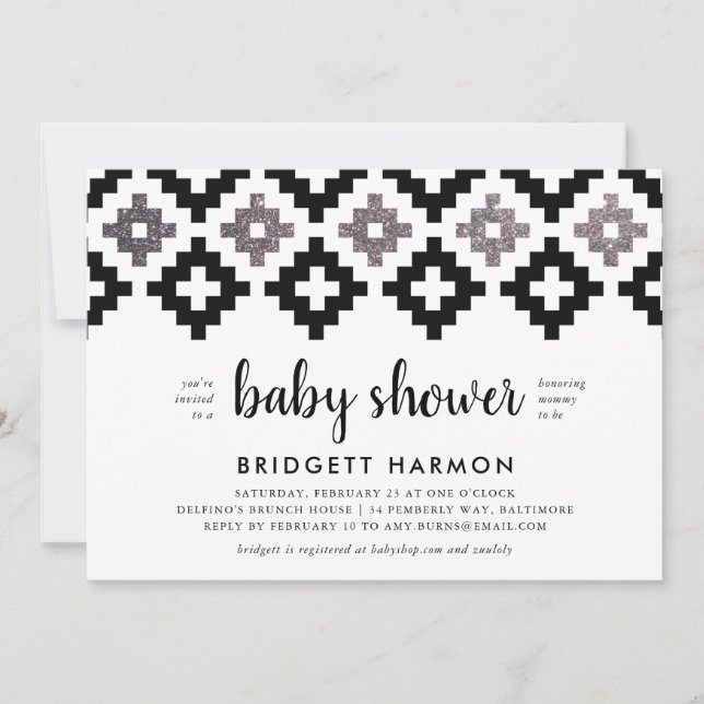 Invitation Baby shower noir et blanc Boho Aztec (Devant)