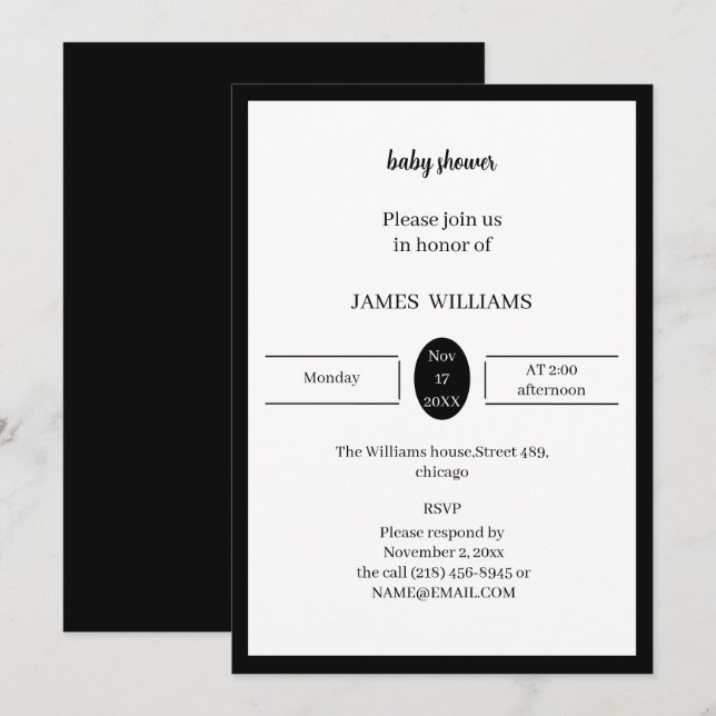 Invitation Baby shower Noir Et Blanc Simple Personnalisé (Devant / Derrière)