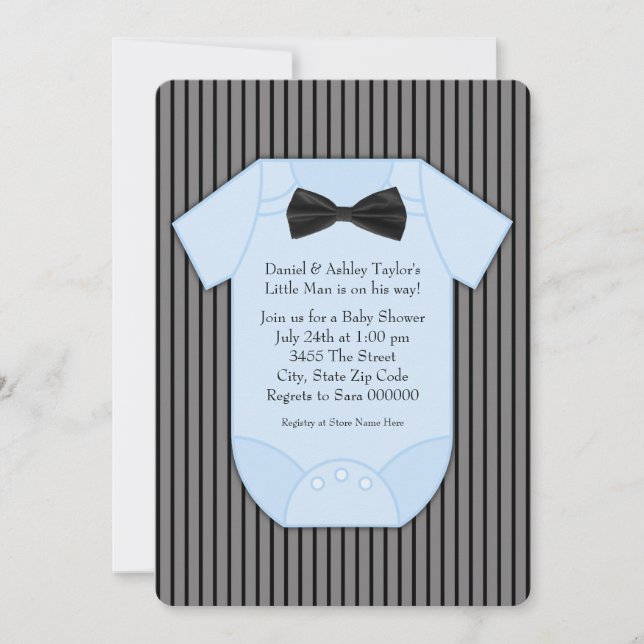 Invitation Baby shower noir et bleu à rayures (Devant)