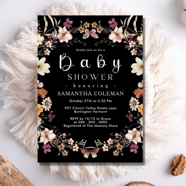 Invitation Baby shower noir Fleur sauvage Boho Pastel moderne (Créateur téléchargé)