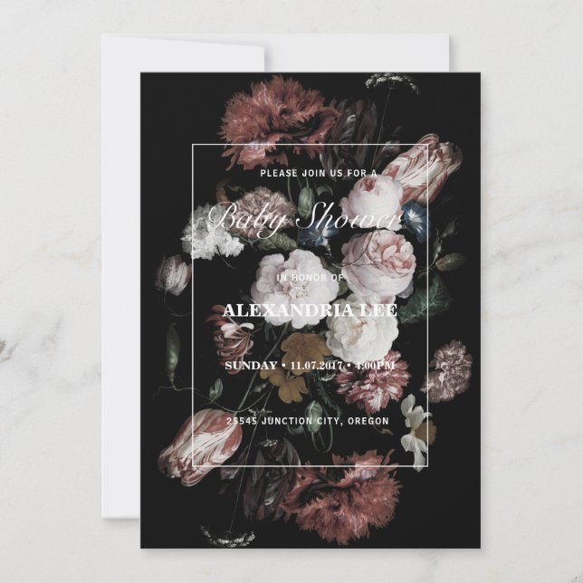 Invitation Baby shower noir foncé Moody Floral (Devant)