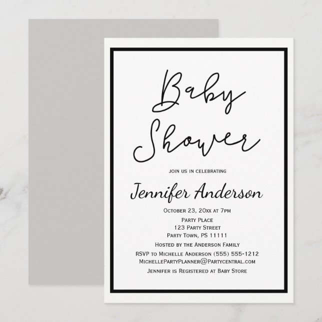 Invitation Baby shower noir noir neutre pour un sexe simple (Devant / Derrière)