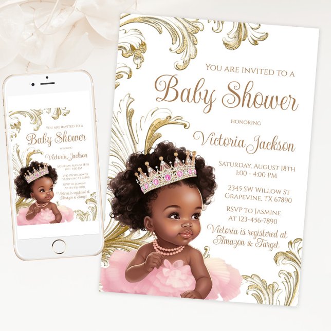 Invitation Baby shower noir Princess Pink Gold (Pretty pink and gold African princess baby shower invitation for print and digital download.)