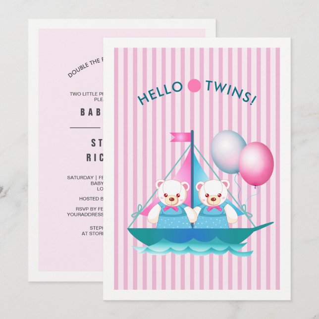 Invitation Baby shower nounours Twin Girls (Devant / Derrière)