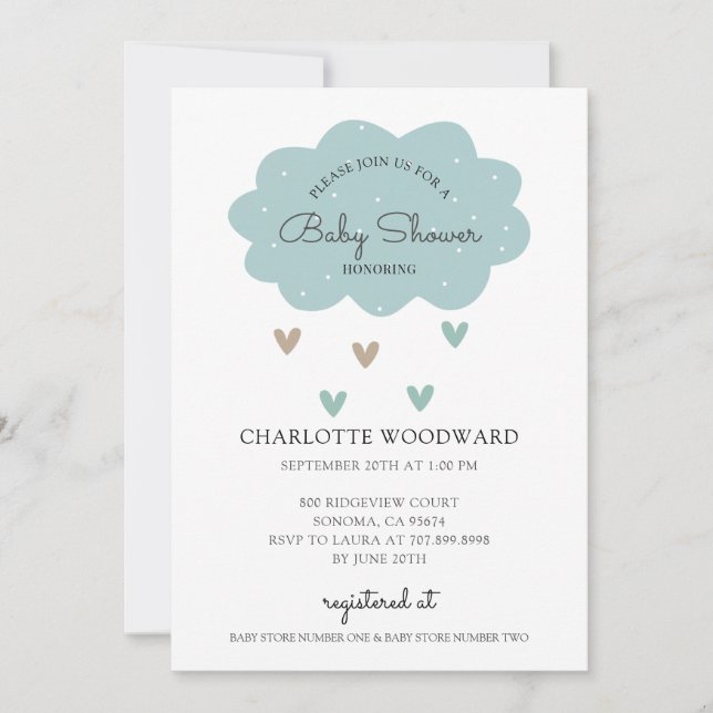 Invitation Baby shower nuage bleu pluvieuse (Devant)