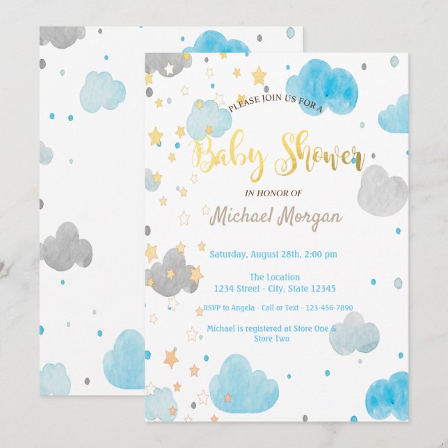 Invitation Baby shower Nuages et Etoiles (Devant / Derrière)