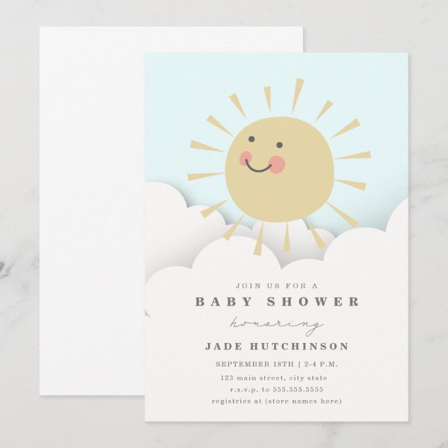 Invitation Baby shower nuages soleil (Devant / Derrière)