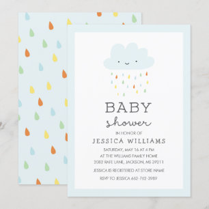 Invitation Baby shower nuageux souriant en bleu