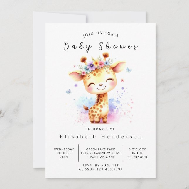Invitation Baby shower numérique chic en girafe (Devant)