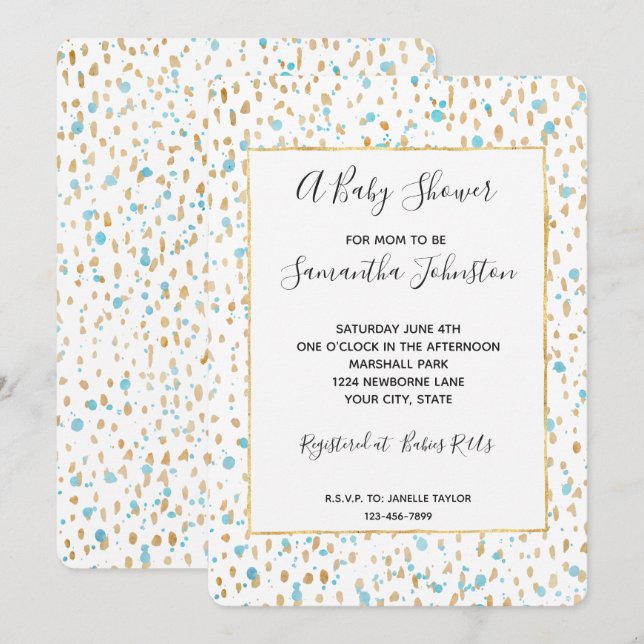 Invitation Baby shower Ocean Blue Gold Confetti (Devant / Derrière)