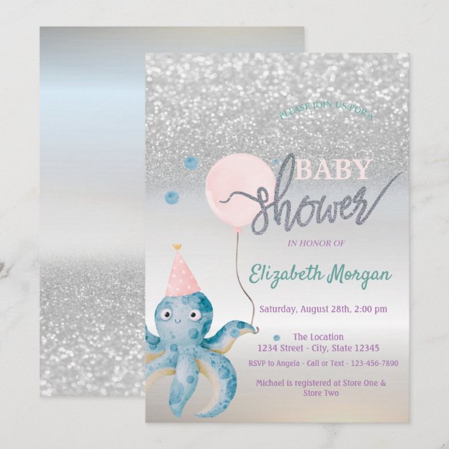Invitation Baby shower Octopus Balloon Argent Bokeh (Devant / Derrière)