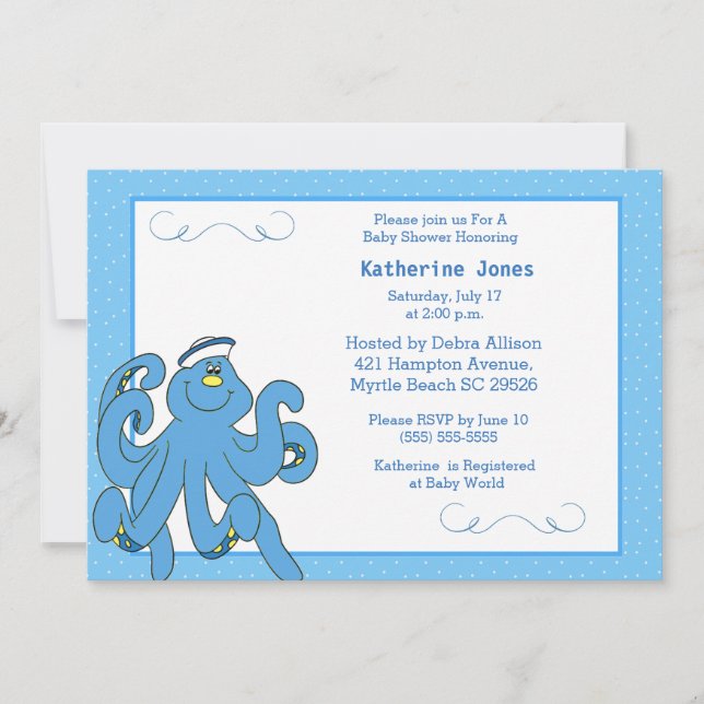 Invitation Baby shower octopus bleu mou (Devant)
