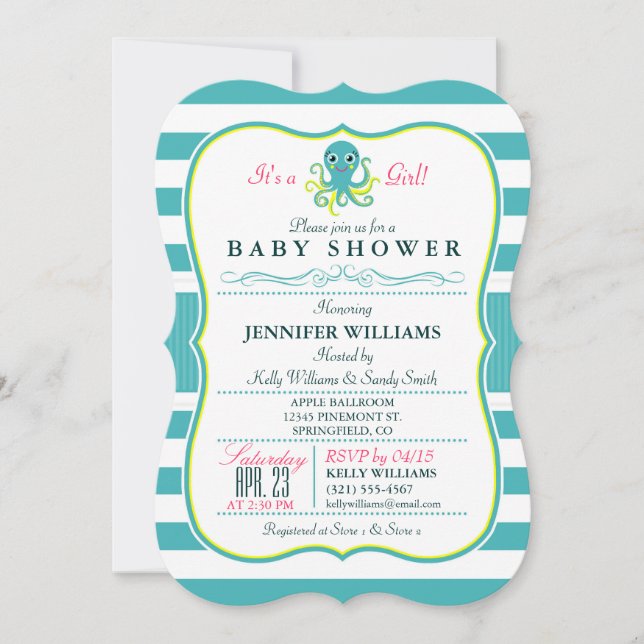 Invitation Baby shower octopus turquoise et jaune (Devant)