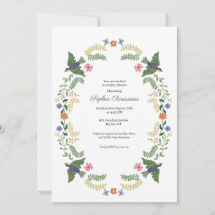 Invitation Baby Shower Oiseaux Floraux Fantaisistes