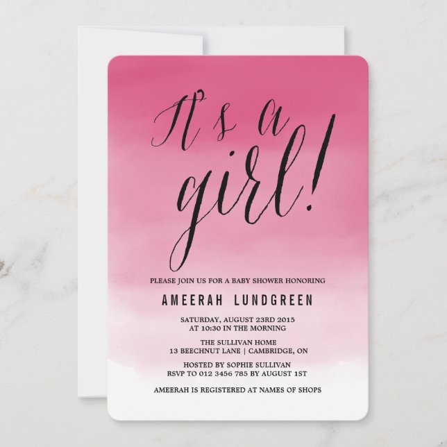 Invitation Baby shower Ombre à l'aquarelle rose ch (Devant)