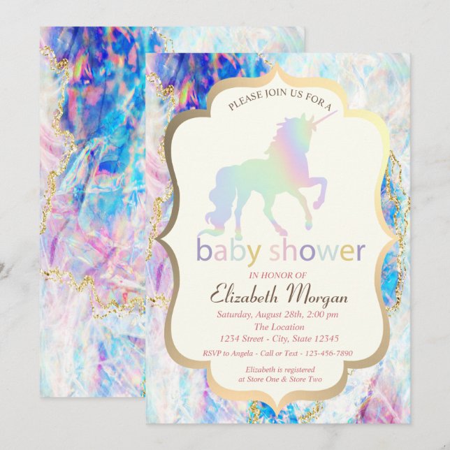 Invitation Baby shower Opal Holographic Unicorn (Devant / Derrière)