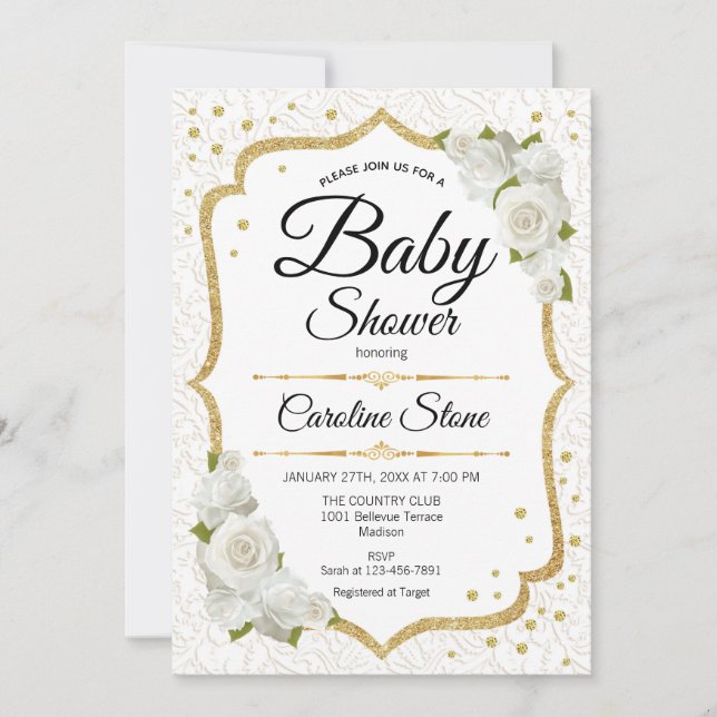 Invitation Baby shower - Or blanc (Devant)