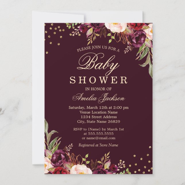 Invitation Baby shower Or Bourgogne floral Éperche (Devant)