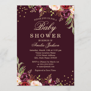 Invitation Baby Shower Or burgundy floral doré scintillant